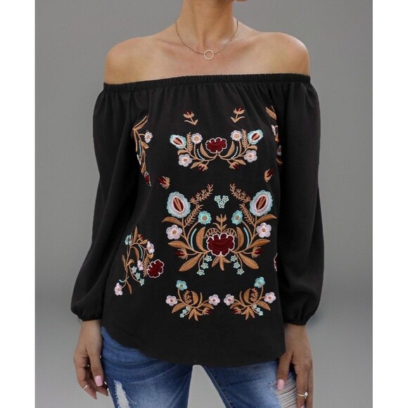 Unbranded Blk W/ Embroidery Pullover Cotton Blend Peasant Blouse Sz L-XL - Picture 10 of 11